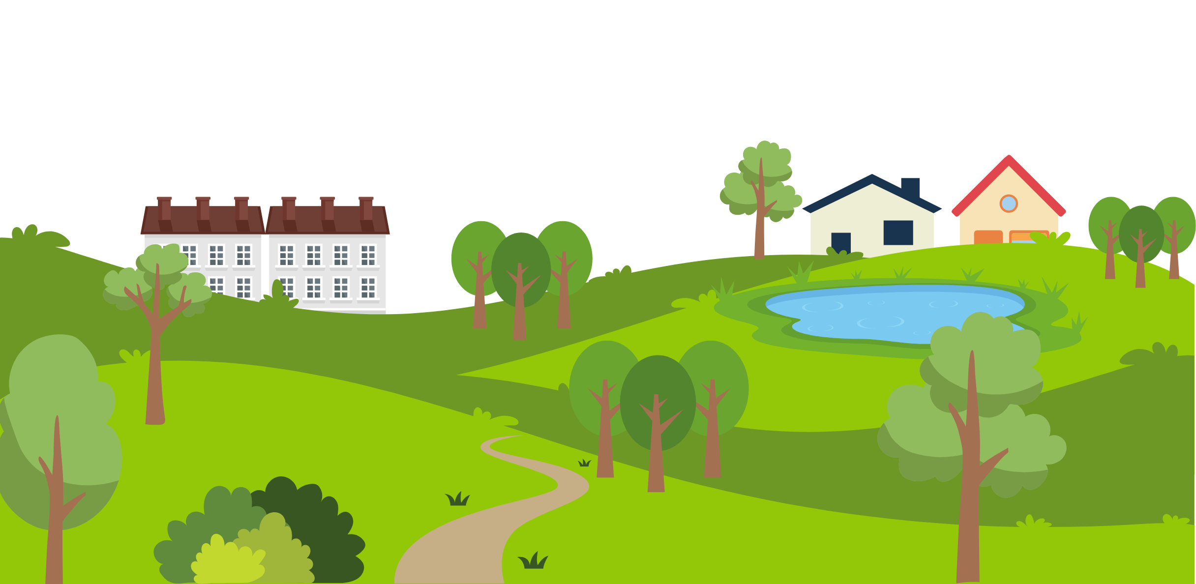 Quelques maisons installées dans un paysage vert avec quelques arbres et un étang